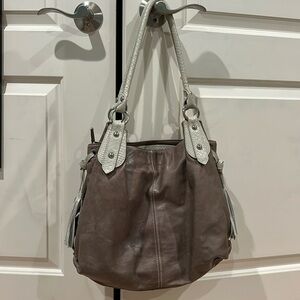 Vera Pelle made in Italy genuine leather bag, taupe with white snakeskin handles